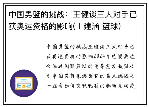中国男篮的挑战：王健谈三大对手已获奥运资格的影响(王建涵 篮球)