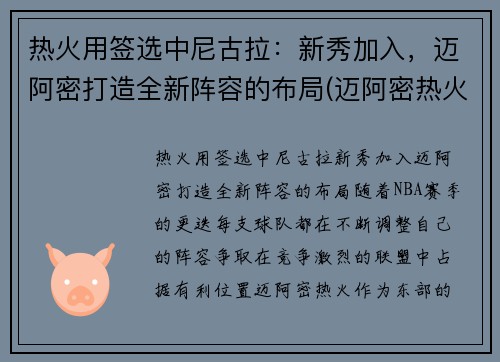 热火用签选中尼古拉：新秀加入，迈阿密打造全新阵容的布局(迈阿密热火纳恩)