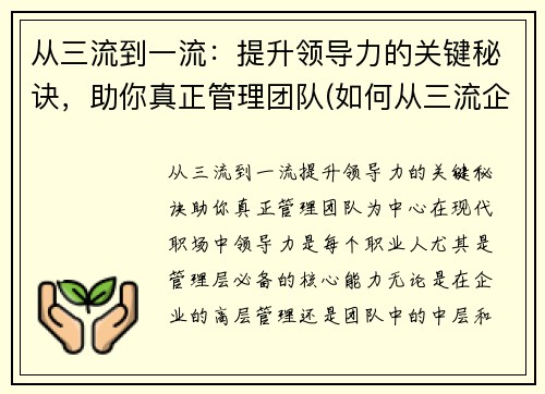 从三流到一流：提升领导力的关键秘诀，助你真正管理团队(如何从三流企业上升到二流企业)