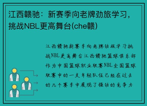 江西赣驰：新赛季向老牌劲旅学习，挑战NBL更高舞台(che赣)