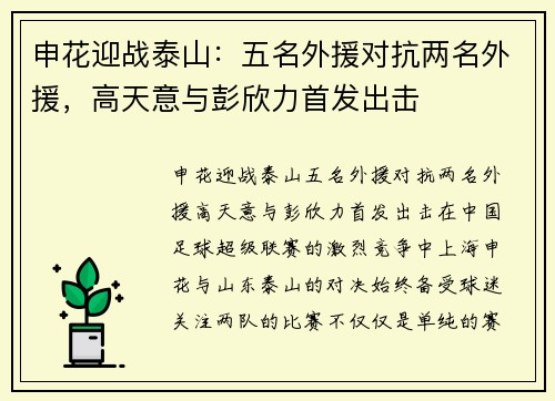 申花迎战泰山：五名外援对抗两名外援，高天意与彭欣力首发出击