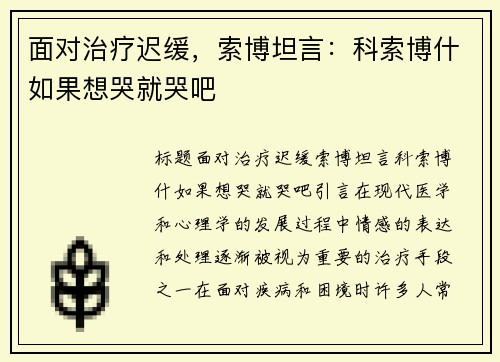 面对治疗迟缓，索博坦言：科索博什如果想哭就哭吧