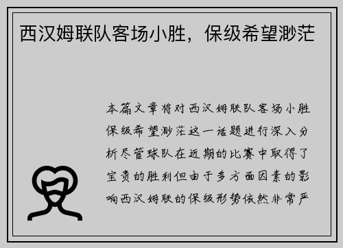 西汉姆联队客场小胜，保级希望渺茫